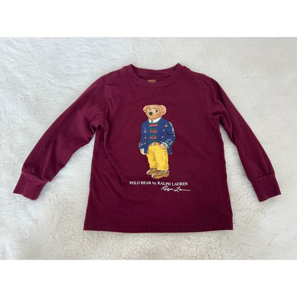 Polo Ralph Lauren Kids 2T Long Sleeve Polo Bear Graphic Shirt Burgundy - Picture 1 of 5